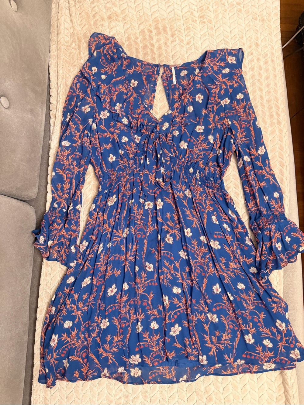 Free People Blue Floral Ruffle Long-Sleeve Dress 100%rayon viscoses